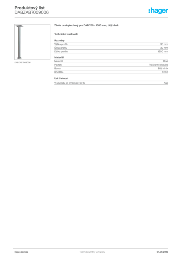 Obrázek Hager Product data sheet DABZAB7009006 | Hager