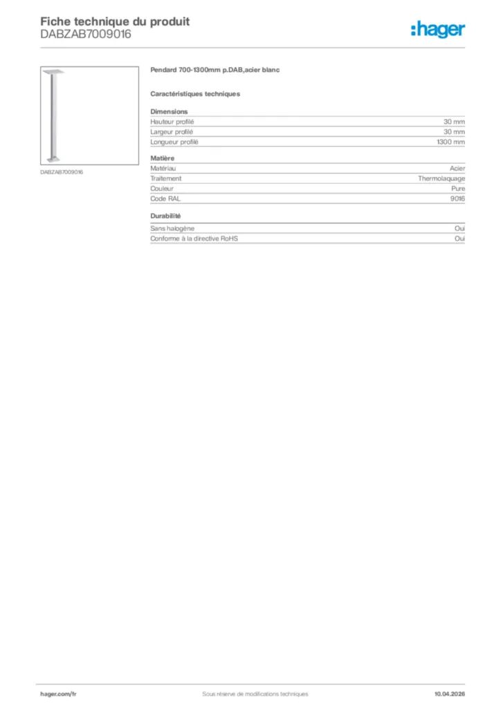 Image Hager Fiche technique du produit DABZAB7009016 | Hager France