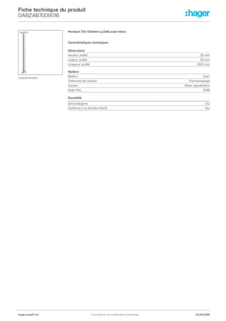 Image Hager Fiche technique du produit DABZAB7009016 | Hager Suisse