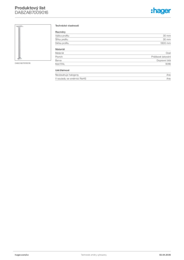 Obrázek Hager Product data sheet DABZAB7009016 | Hager