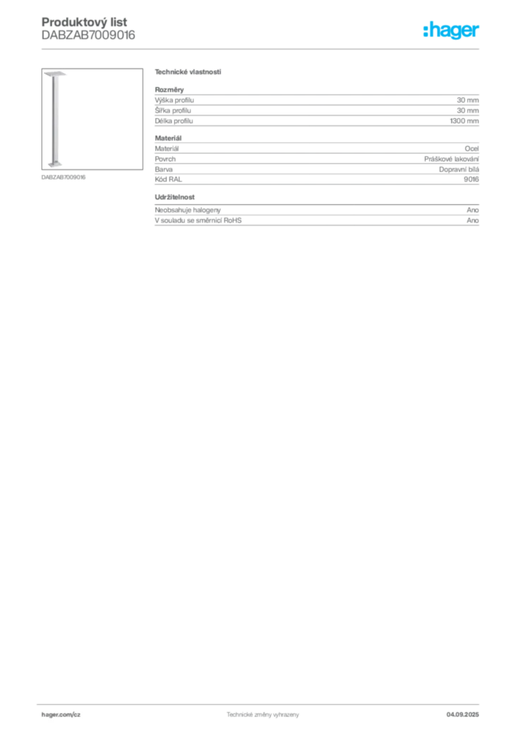 Obrázek Hager Product data sheet DABZAB7009016 | Hager