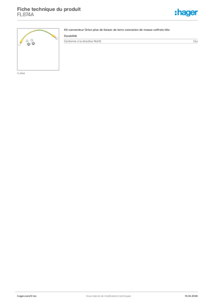 Image Hager Fiche technique du produit FL874A | Hager Belgique