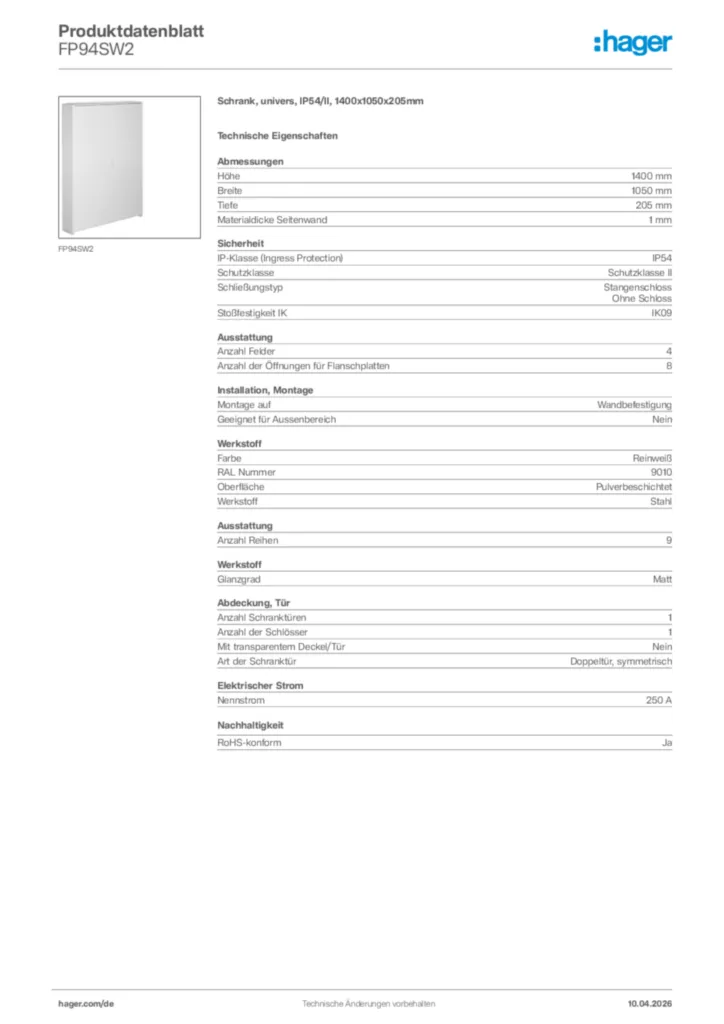 Bild Hager Produktdatenblatt FP94SW2 | Hager Deutschland