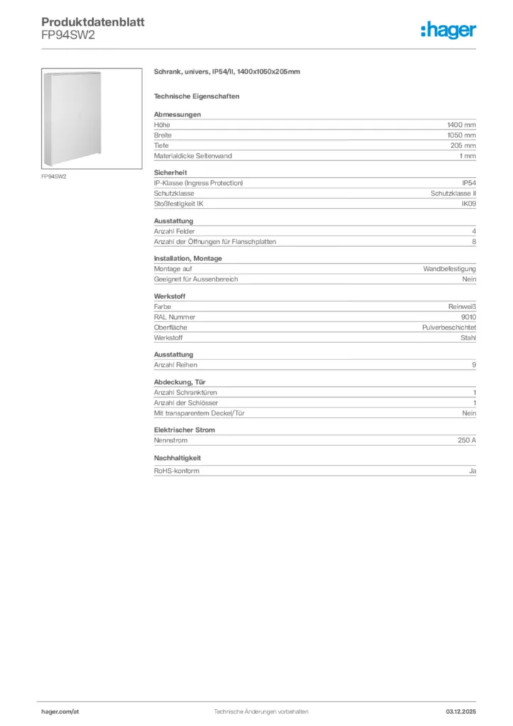 Bild Hager Produktdatenblatt FP94SW2 | Hager Deutschland