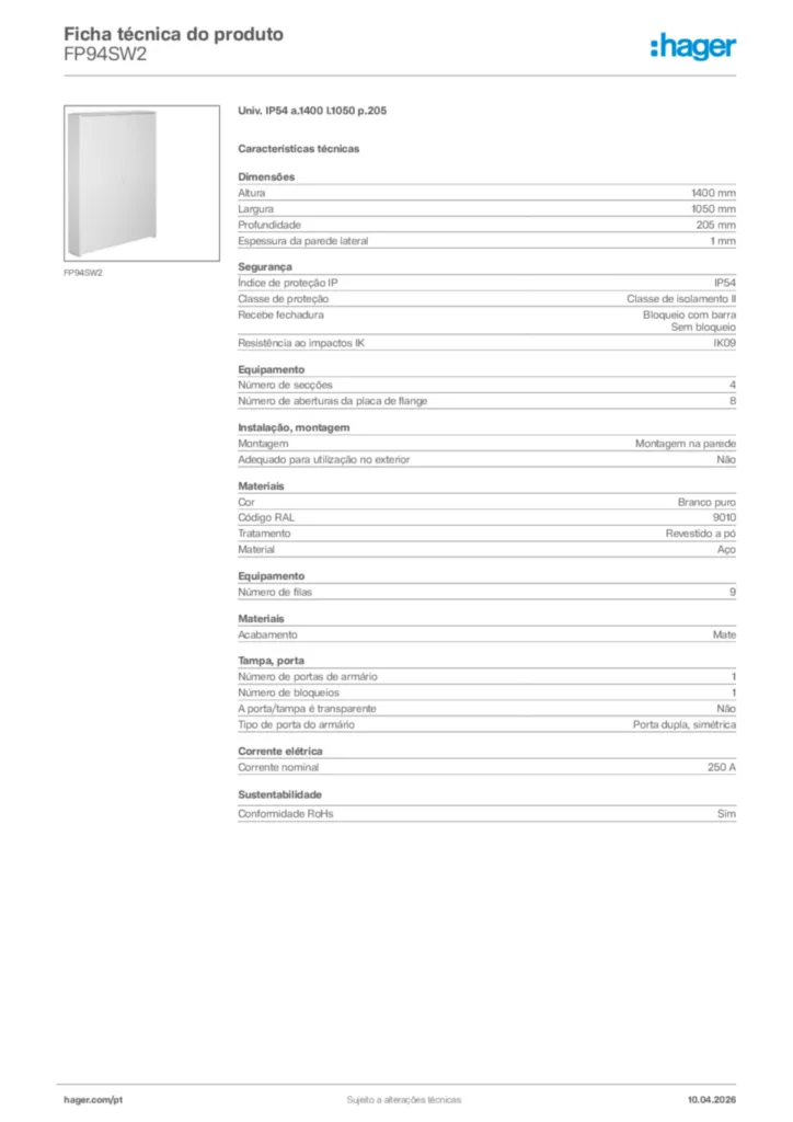 Imagem Hager Ficha técnica do produto FP94SW2 | Hager Portugal