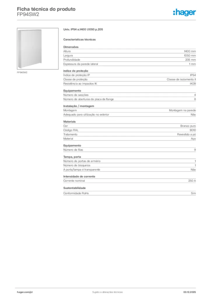 Imagem Hager Ficha técnica do produto FP94SW2 | Hager Portugal