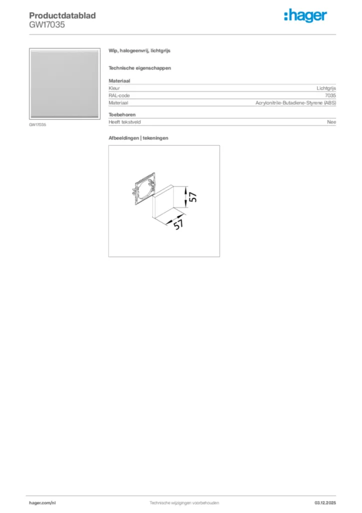 Afbeelding Hager Productdatablad GW17035 | Hager Nederland