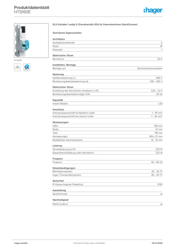Bild Hager Produktdatenblatt HTS150E | Hager Deutschland