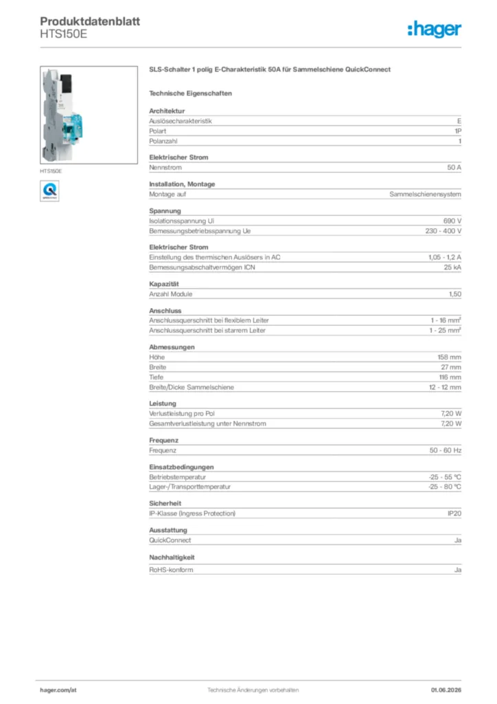 Bild Hager Produktdatenblatt HTS150E | Hager Deutschland