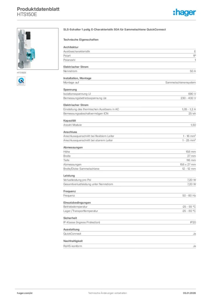 Bild Hager Produktdatenblatt HTS150E | Hager Deutschland