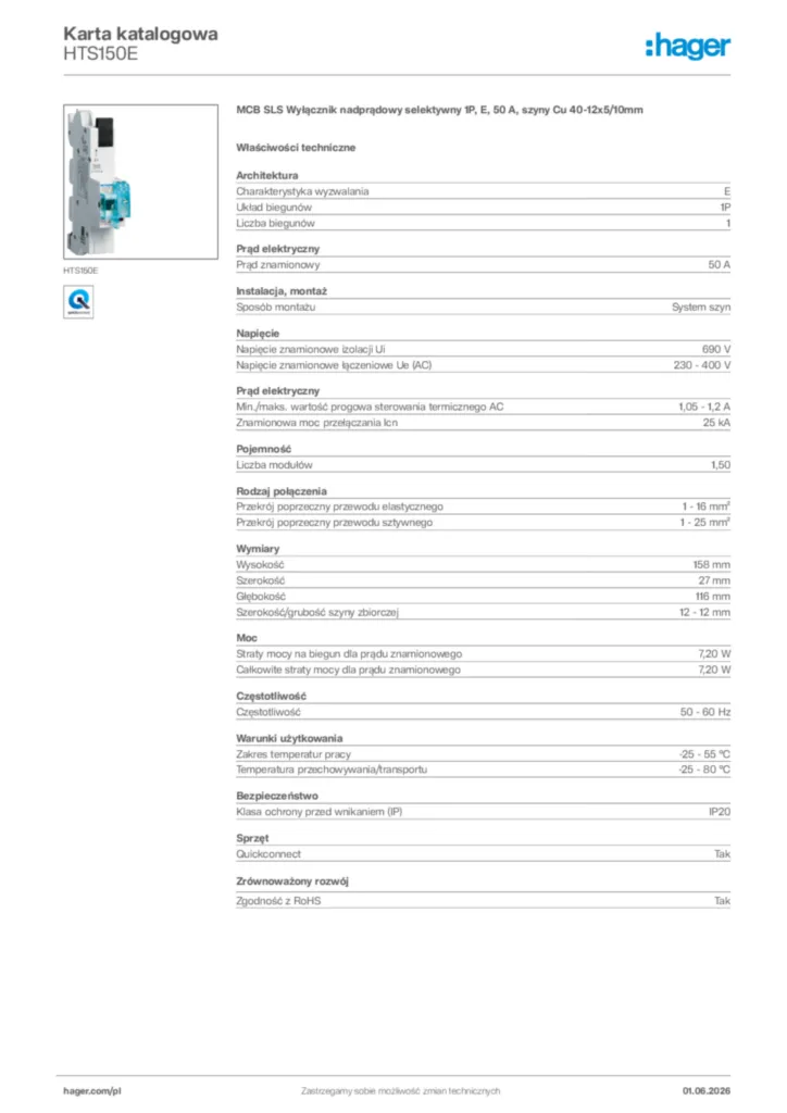 Zdjęcie Hager Karta katalogowa HTS150E | Hager Polska