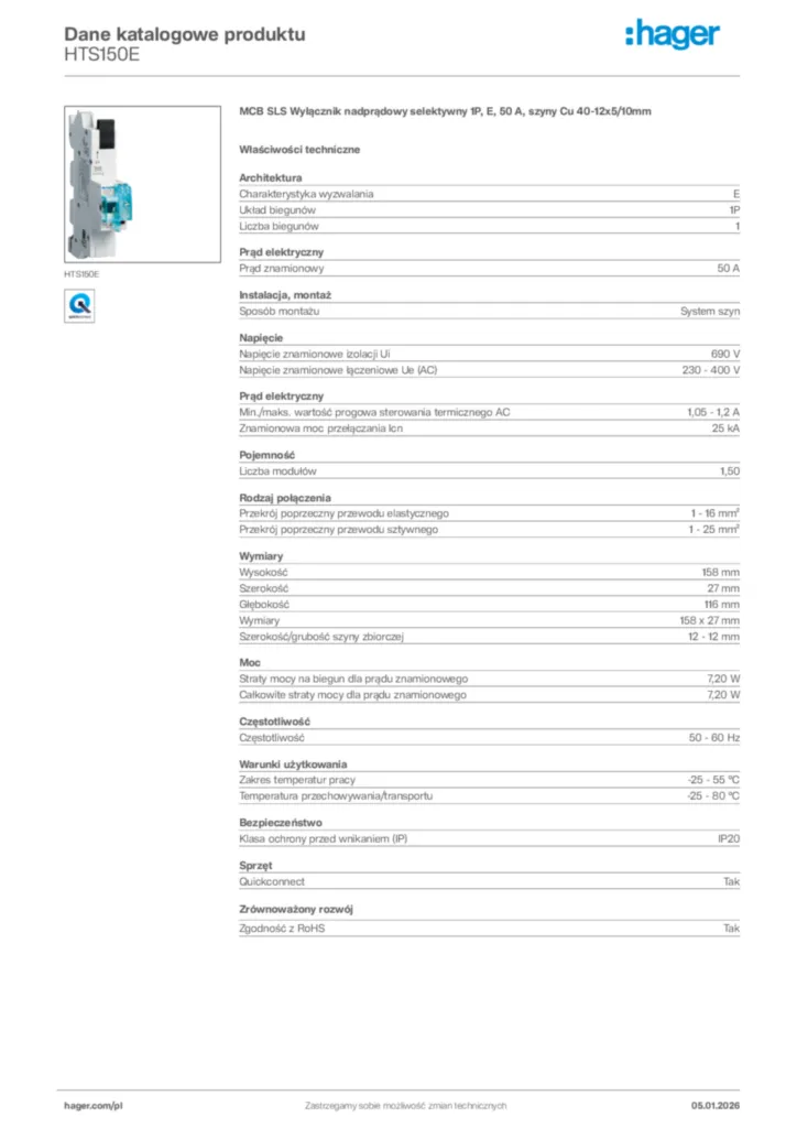Zdjęcie Hager Karta katalogowa HTS150E | Hager Polska