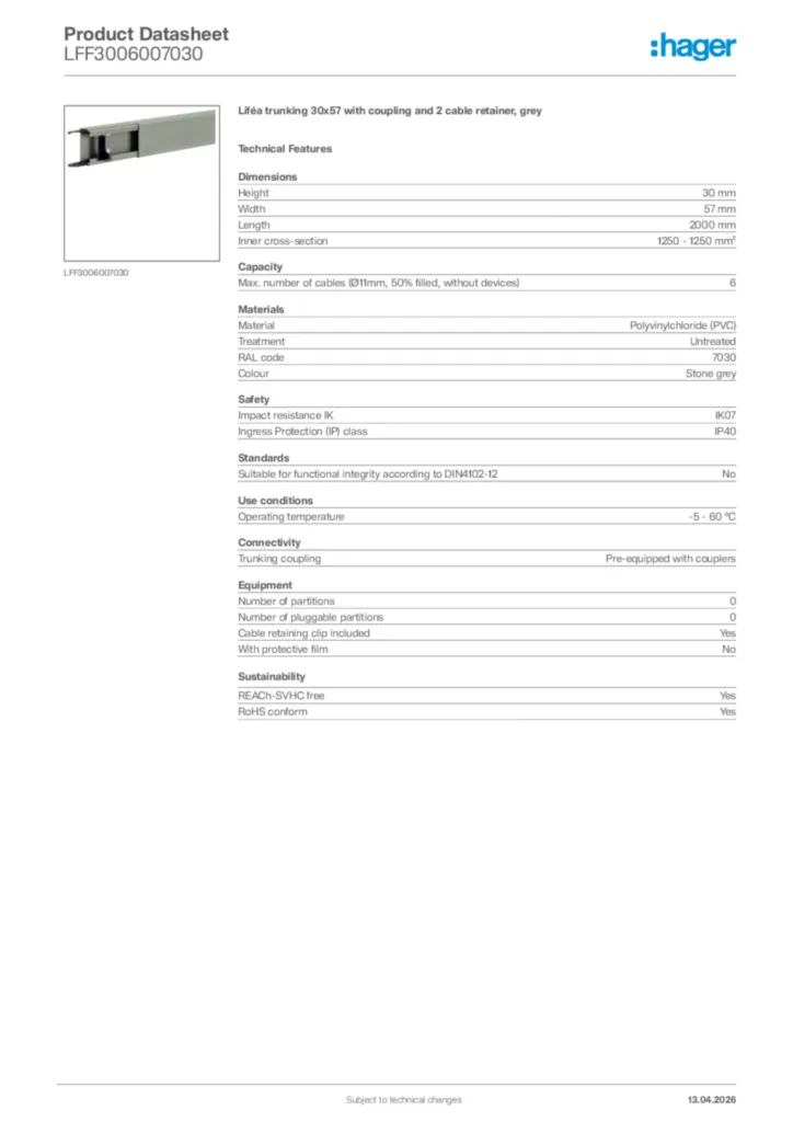 Image Hager Product data sheet LFF3006007030  | Hager Africa