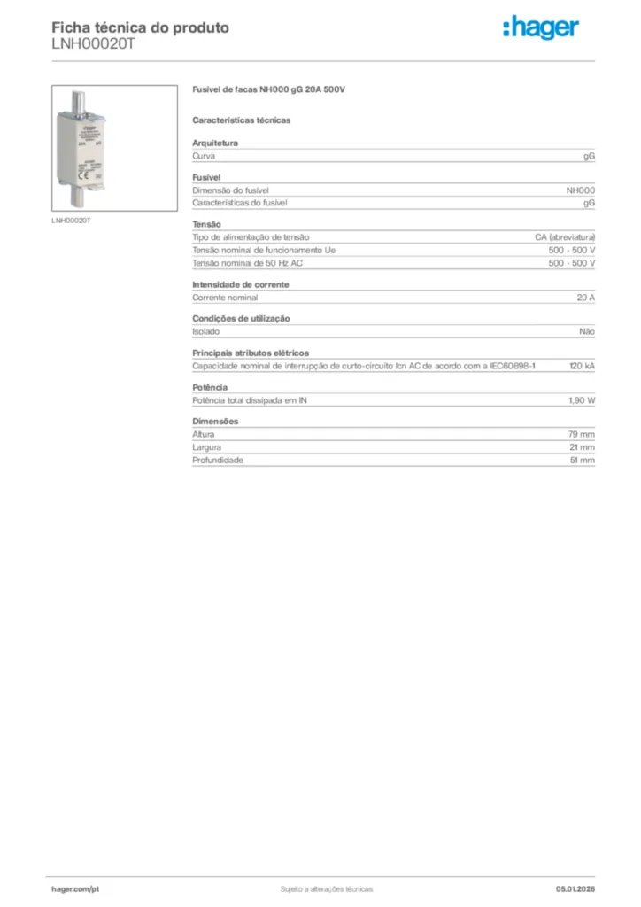 Imagem Hager Ficha técnica do produto LNH00020T | Hager Portugal