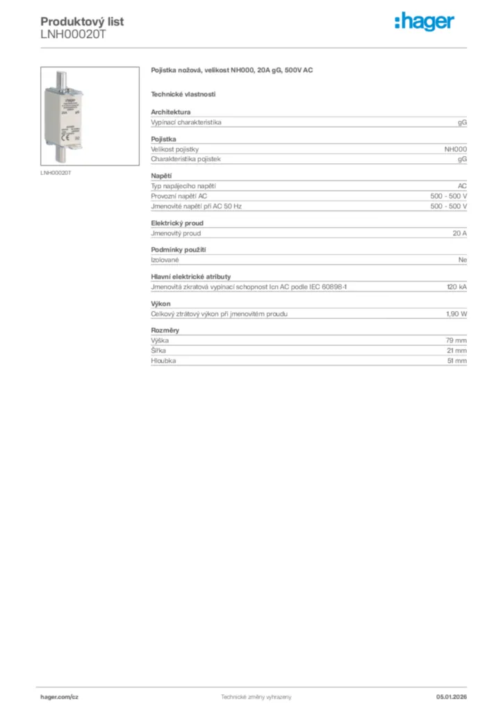 Obrázek Hager Product data sheet LNH00020T | Hager