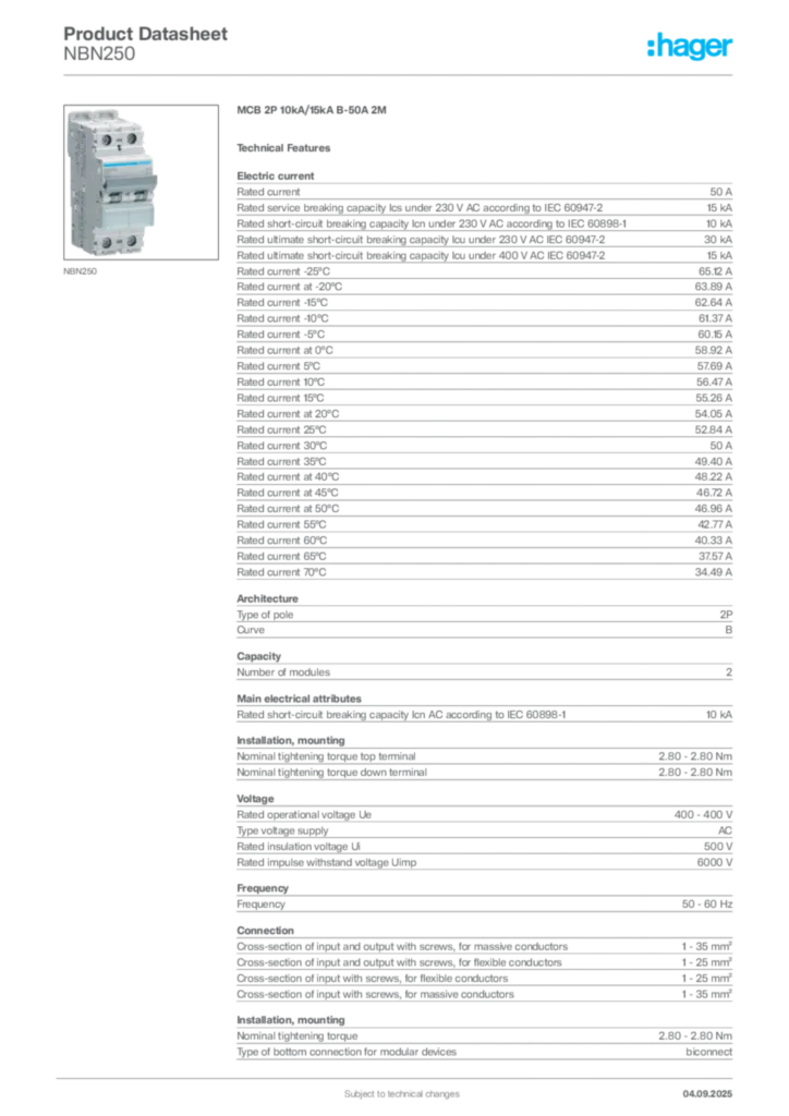 Image Hager Product data sheet NBN250  | Hager