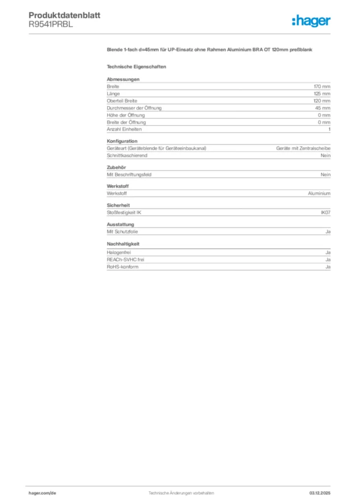 Bild Hager Produktdatenblatt R9541PRBL | Hager Deutschland