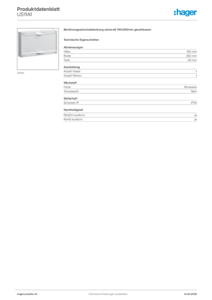 Bild Hager Produktdatenblatt US11A1 | Hager Schweiz