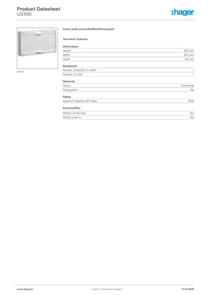 Image Hager Product data sheet US11A1  | Hager