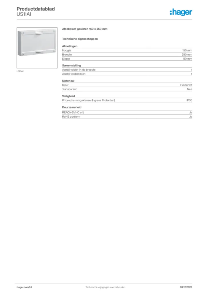 Afbeelding Hager Productdatablad US11A1 | Hager Nederland