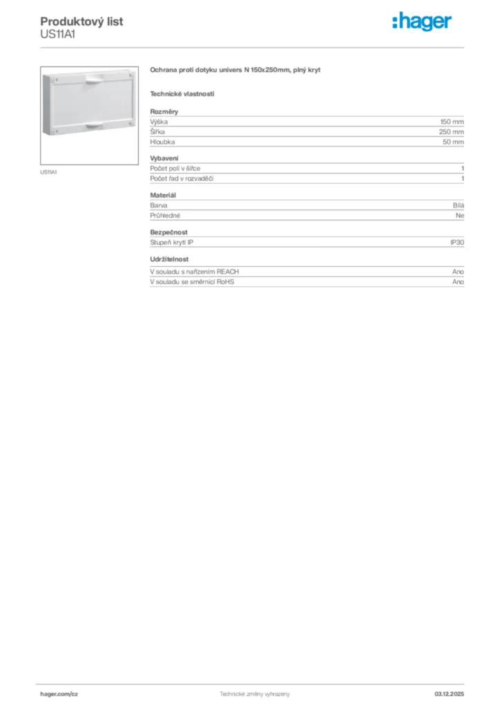 Obrázek Hager Product data sheet US11A1 | Hager