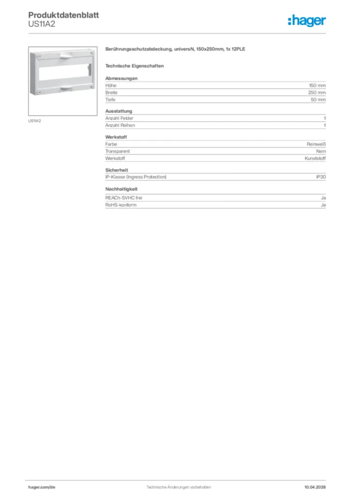 Bild Hager Produktdatenblatt US11A2 | Hager Deutschland