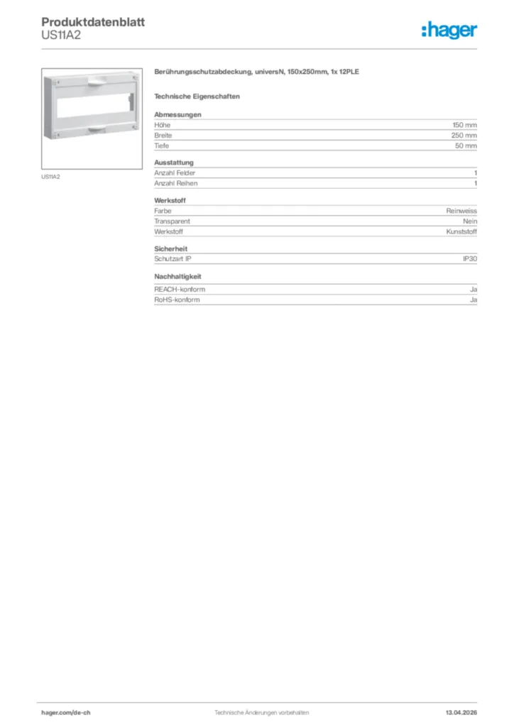 Bild Hager Produktdatenblatt US11A2 | Hager Schweiz