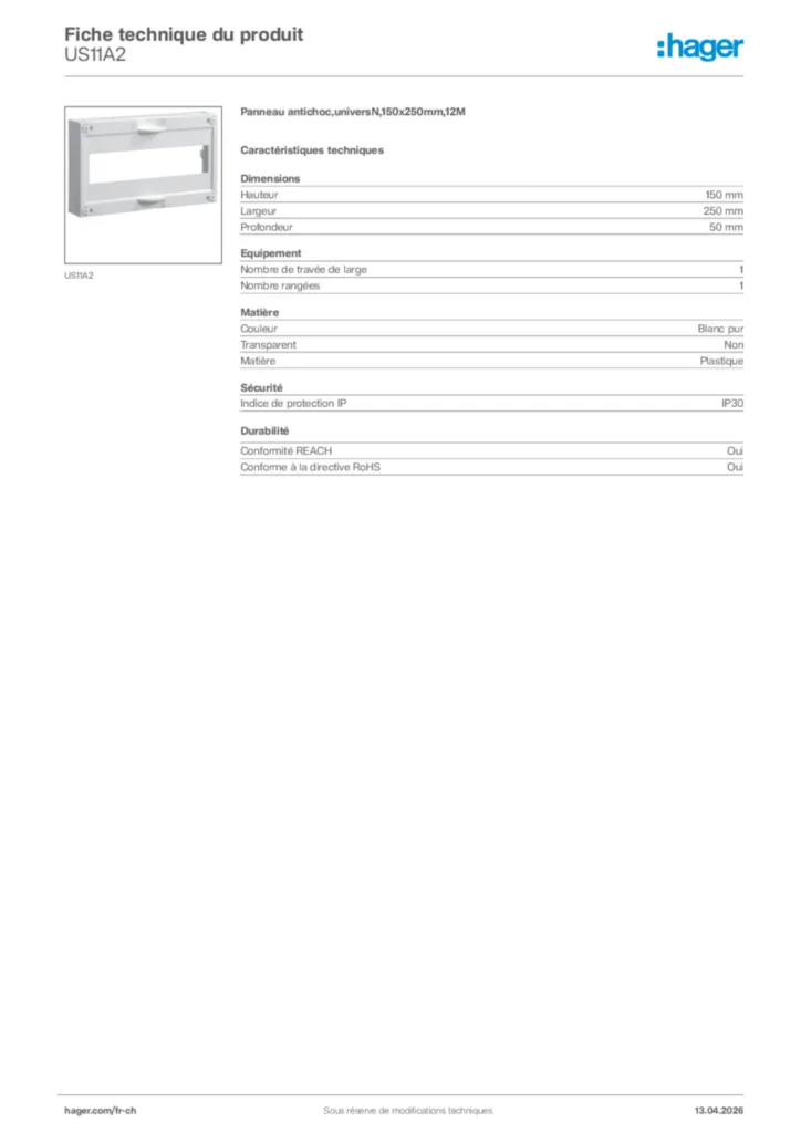 Image Hager Fiche technique du produit US11A2 | Hager Suisse