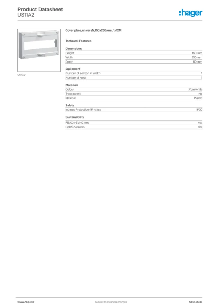 Image Hager Product data sheet US11A2  | Hager