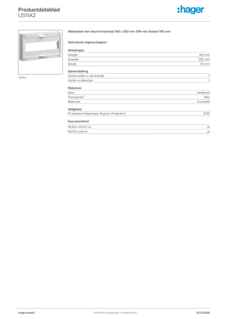 Afbeelding Hager Productdatablad US11A2 | Hager Nederland