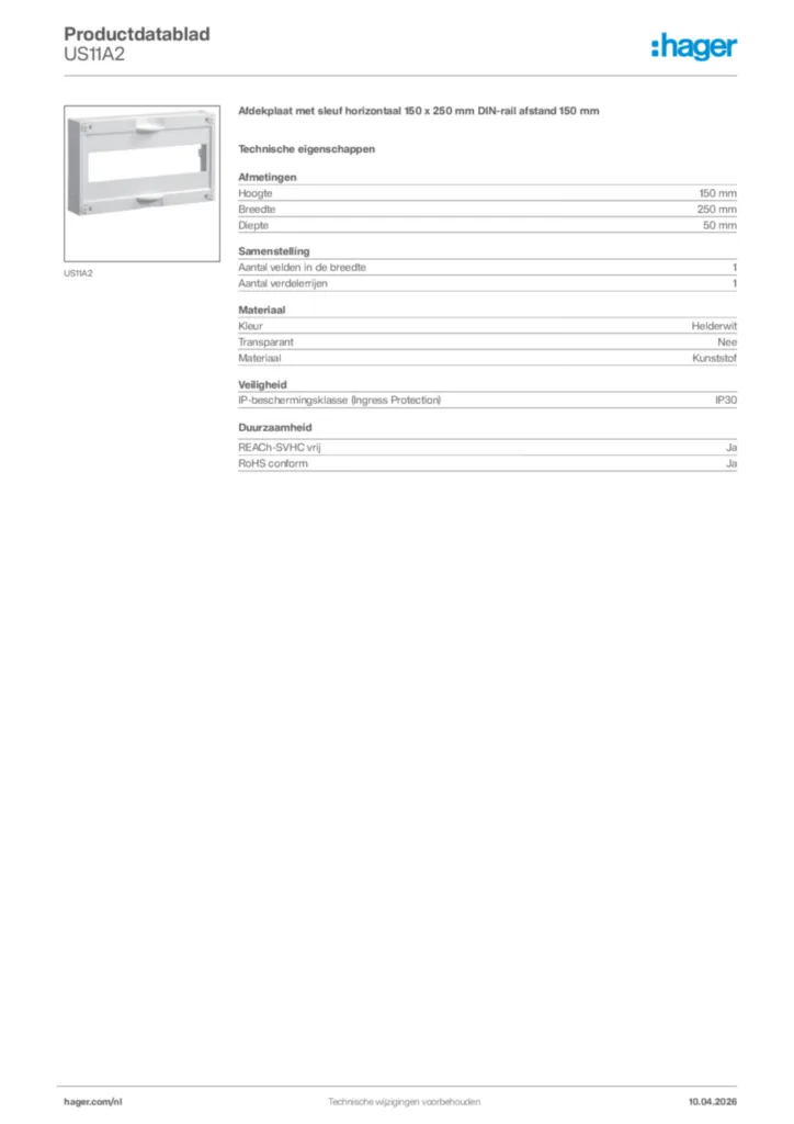 Afbeelding Hager Productdatablad US11A2 | Hager Nederland