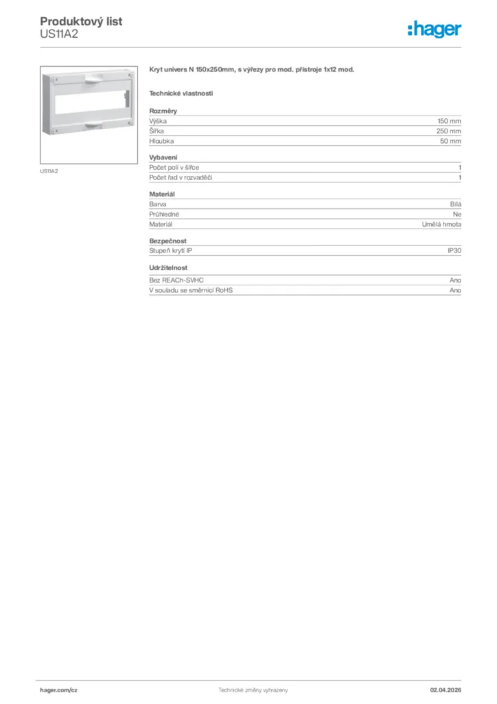 Obrázek Hager Product data sheet US11A2 | Hager