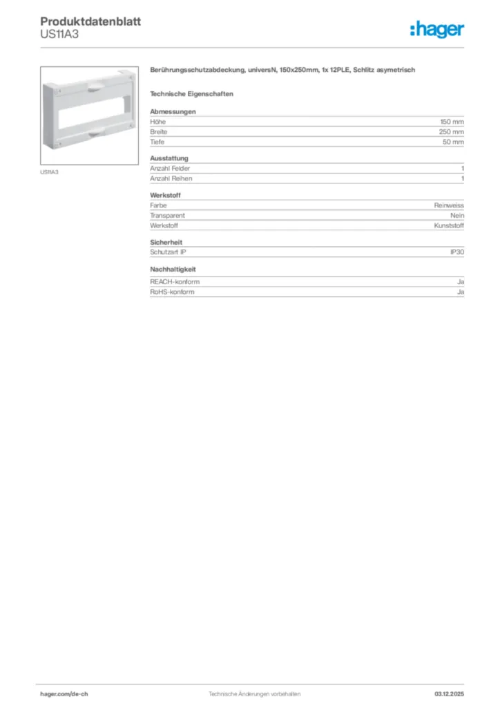 Bild Hager Produktdatenblatt US11A3 | Hager Schweiz