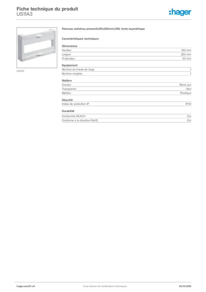 Image Hager Fiche technique du produit US11A3 | Hager Suisse