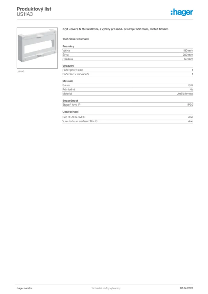 Obrázek Hager Product data sheet US11A3 | Hager
