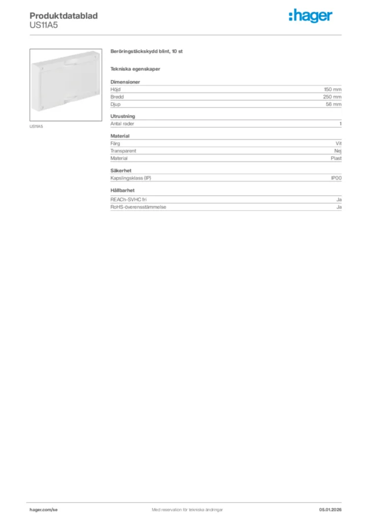 Bild Hager Produktdatablad US11A5 | Hager Sverige