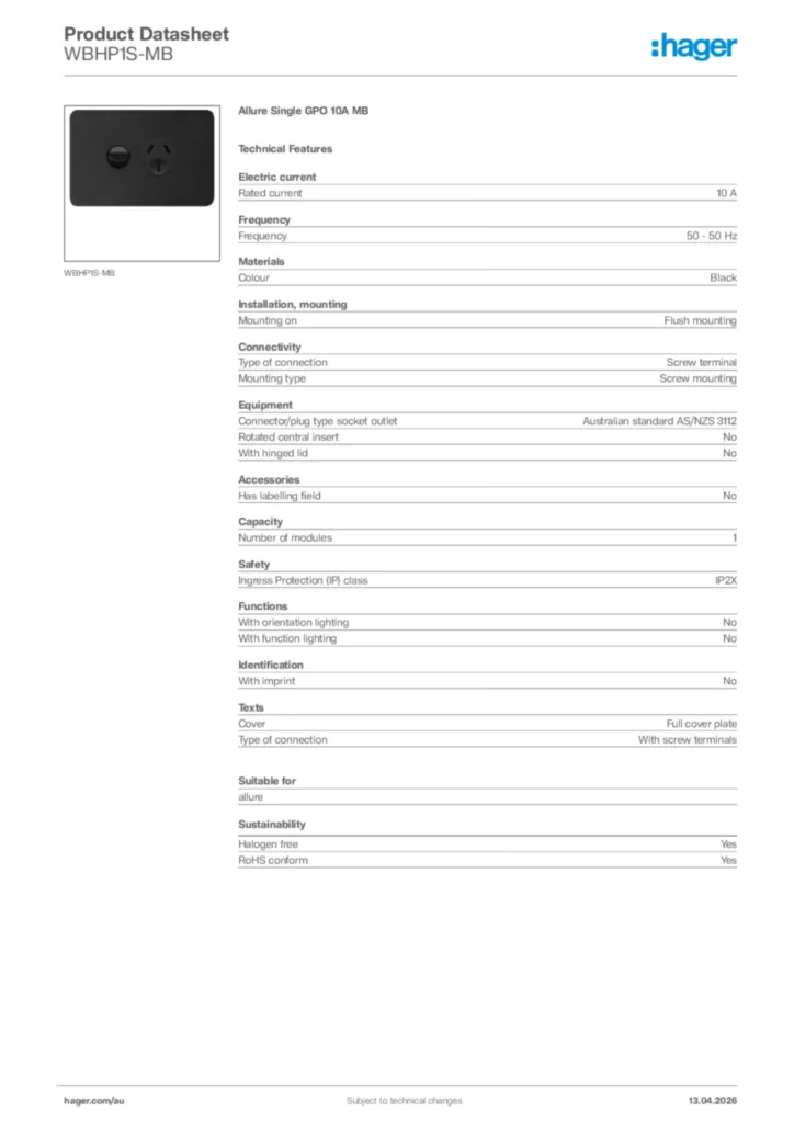 Image Hager Product data sheet WBHP1S-MB  | Hager Australia