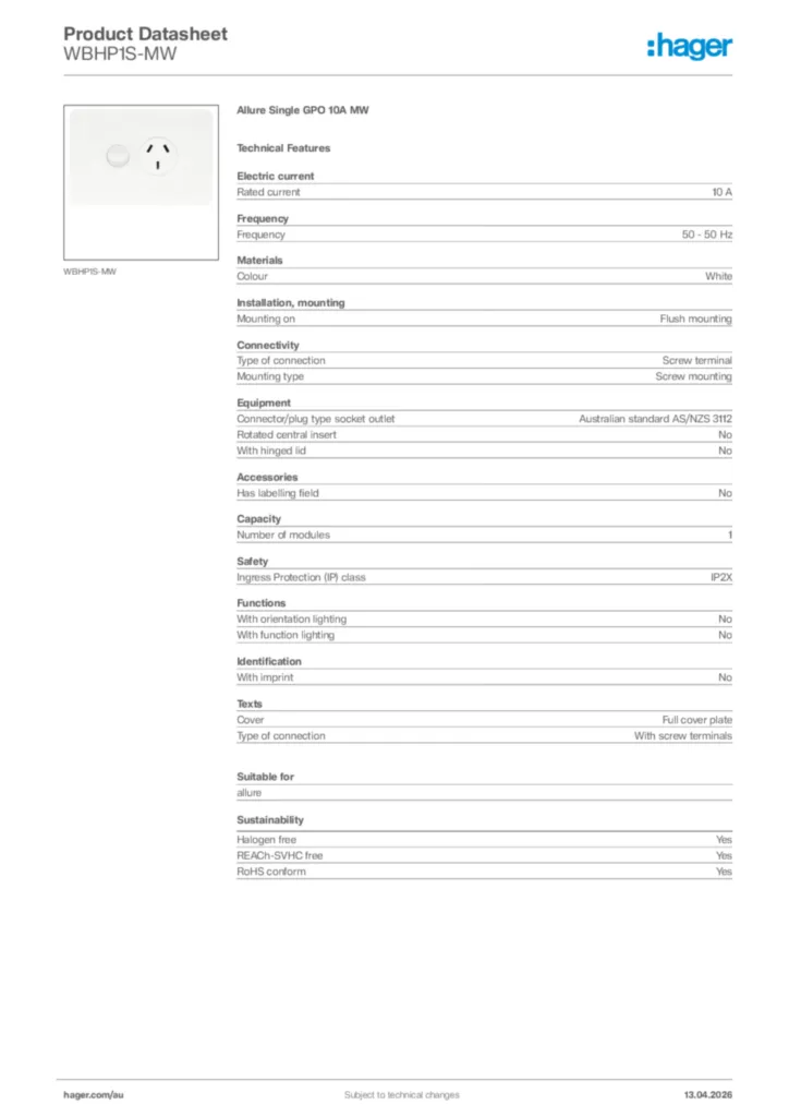 Image Hager Product data sheet WBHP1S-MW  | Hager Australia