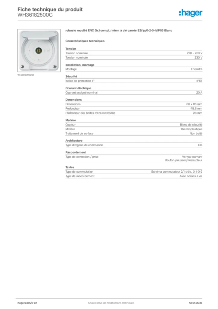 Image Hager Fiche technique du produit WH36182500C | Hager Suisse