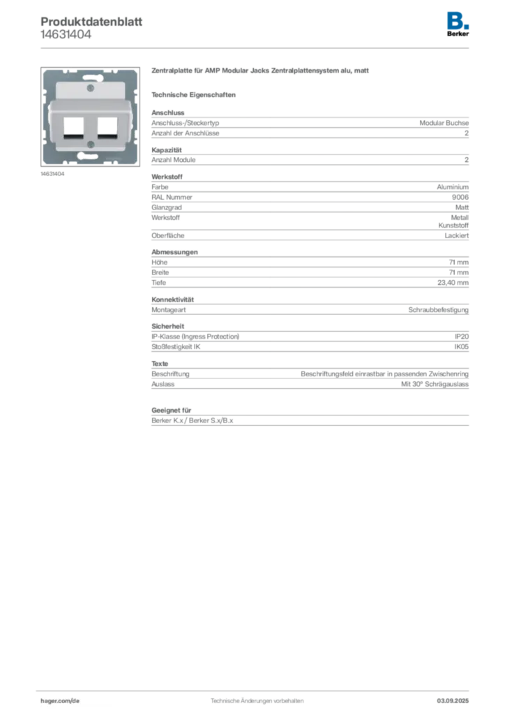 Bild Berker Produktdatenblatt 14631404 | Hager Deutschland