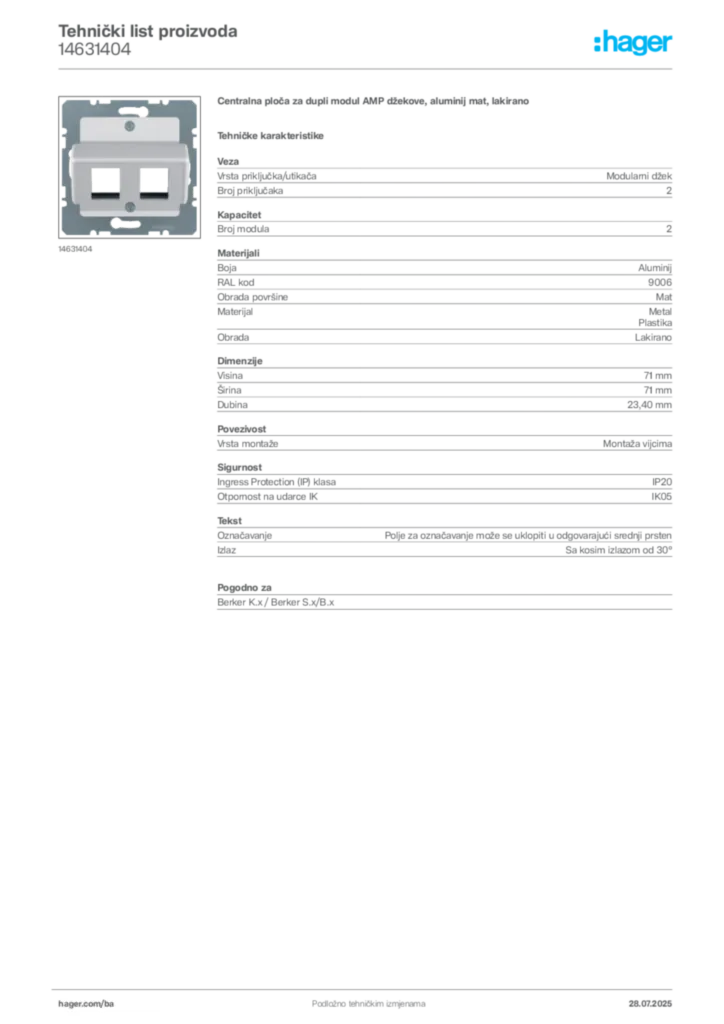 Slika Hager Product data sheet 14631404  | Hager