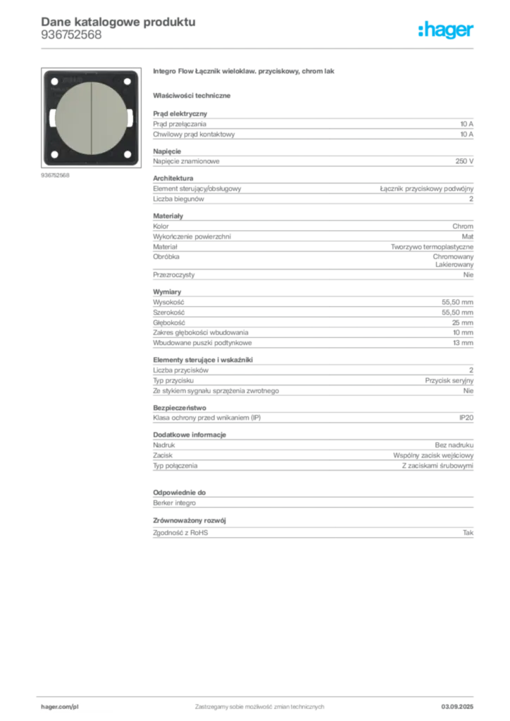 Zdjęcie Hager Dane katalogowe produktu 936752568 | Hager Polska