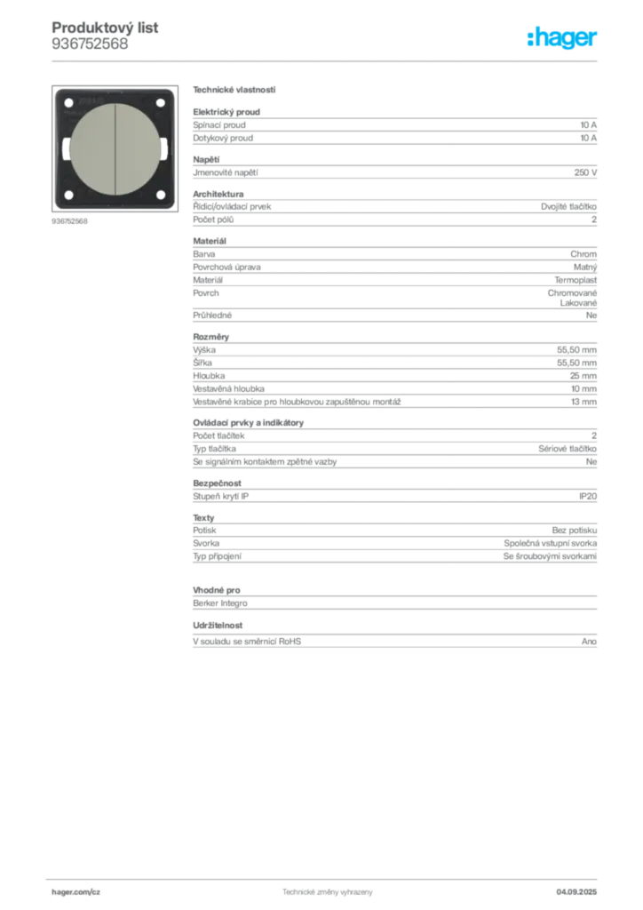 Obrázek Hager Produktový list 936752568 | Hager