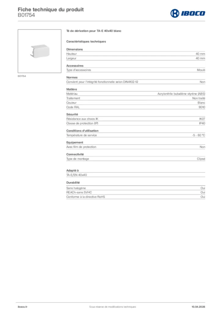 Image Iboco Fiche technique du produit B01754 | Hager France