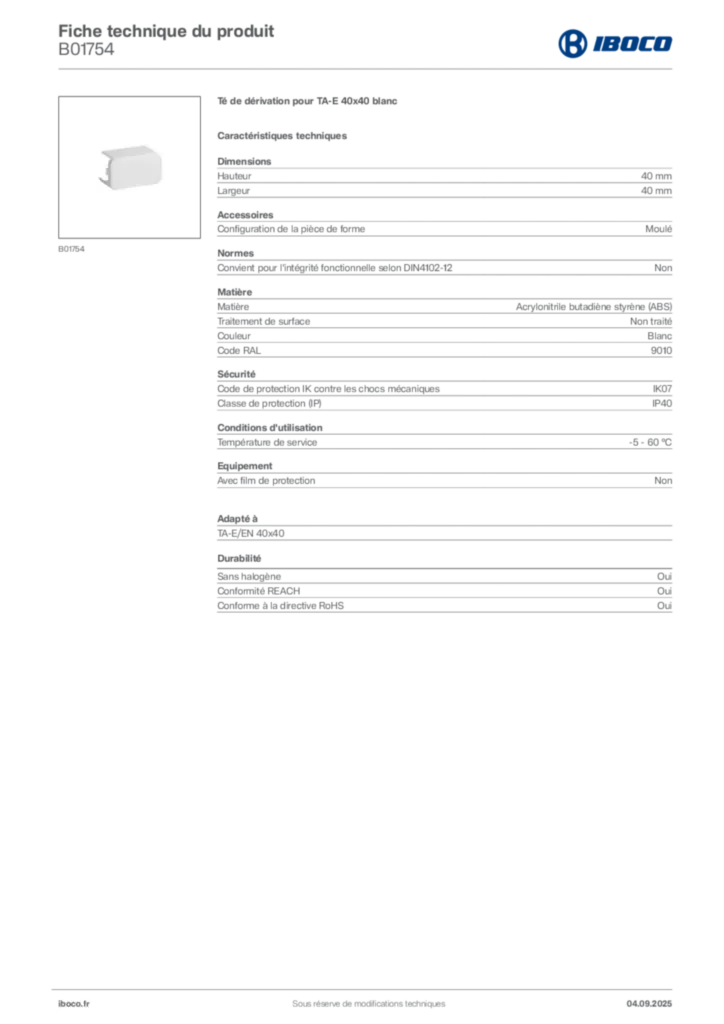 Image Iboco Fiche technique du produit B01754 | Hager France