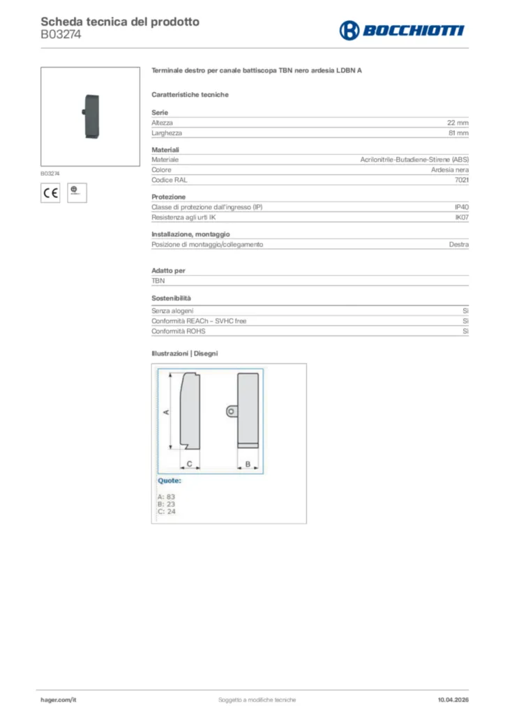 Immagine Bocchiotti Scheda tecnica del prodotto B03274 | Hager Italia