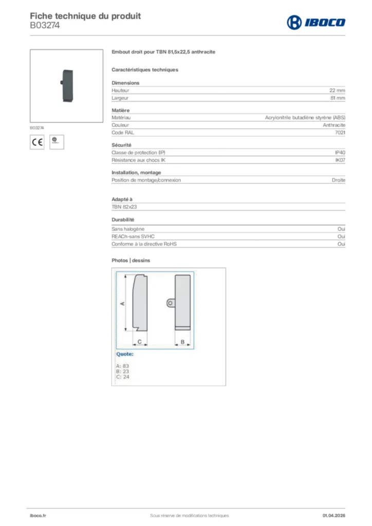 Image Iboco Fiche technique du produit B03274 | Hager France