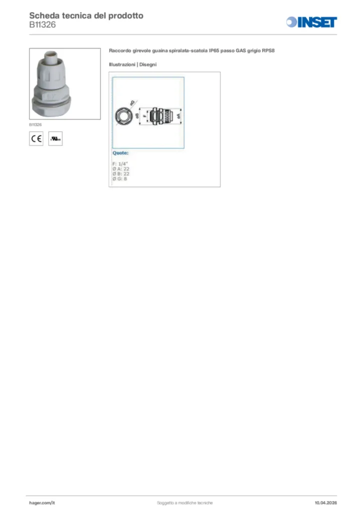 Immagine Inset Scheda tecnica del prodotto B11326 | Hager Italia