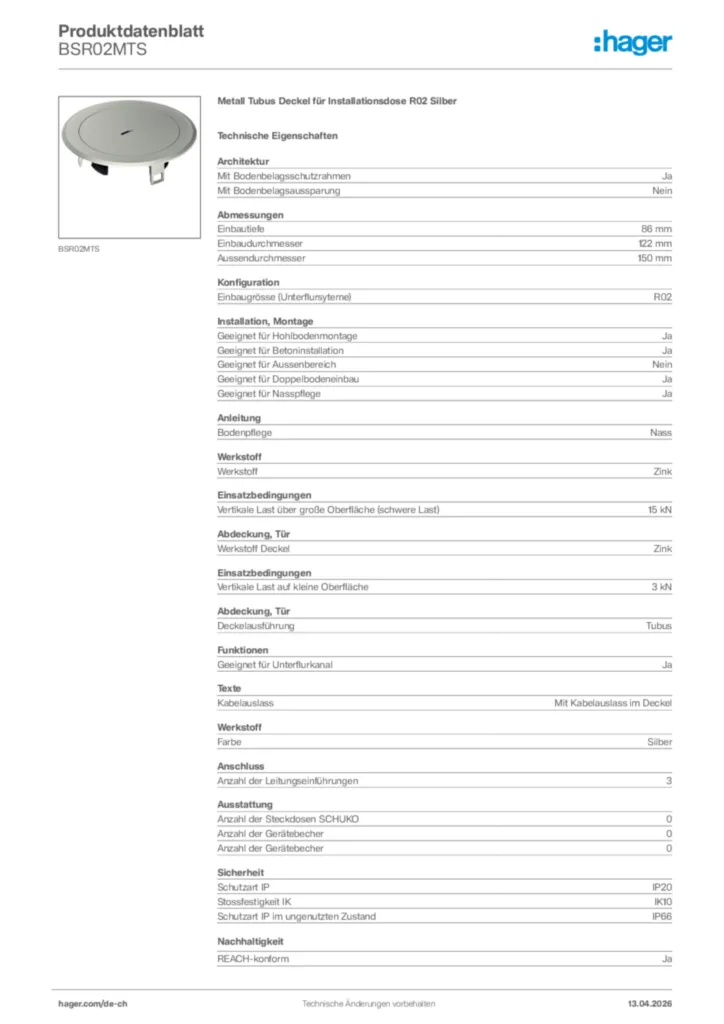 Bild Hager Produktdatenblatt BSR02MTS | Hager Schweiz
