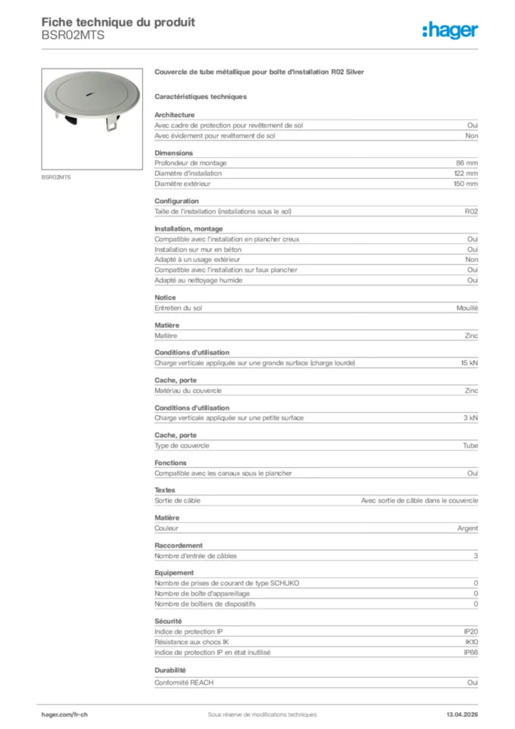Image Hager Fiche technique du produit BSR02MTS | Hager Suisse